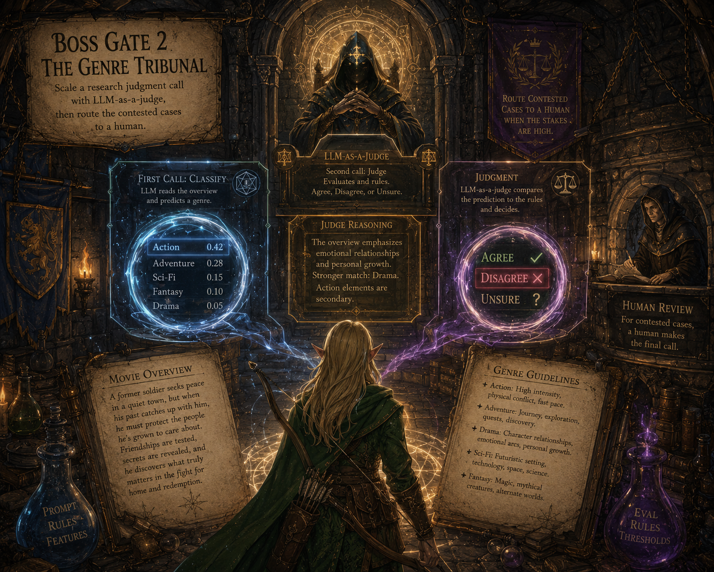 An illustration titled Boss Gate 2, The Genre Tribunal: scale a research judgment call with LLM-as-a-judge, then route the contested cases to a human. A cloaked figure stands in a vaulted hall before three lit panels. On the left, First Call: Classify — an LLM reads the overview and predicts a genre, shown as a ranked list of candidate genres with scores. In the centre, above a hooded judge on a throne, LLM-as-a-Judge — a second call in which the judge evaluates and rules, agree, disagree, or unsure — with a Judge Reasoning panel below giving a sample rationale. On the right, Judgment — the judge's verdict compared against the rules, with Agree ticked, Disagree crossed, and Unsure marked with a question mark. A banner above reads: route contested cases to a human when the stakes are high, and a scribe at a desk to the right is labelled Human Review, for contested cases a human makes the final call. Two open pages at the bottom show the input and the codebook: a Movie Overview blurb on the left, and Genre Guidelines on the right defining Action, Adventure, Drama, Sci-Fi, and Fantasy. Flasks in the foreground are labelled prompt, rules, features and eval, rules, thresholds.