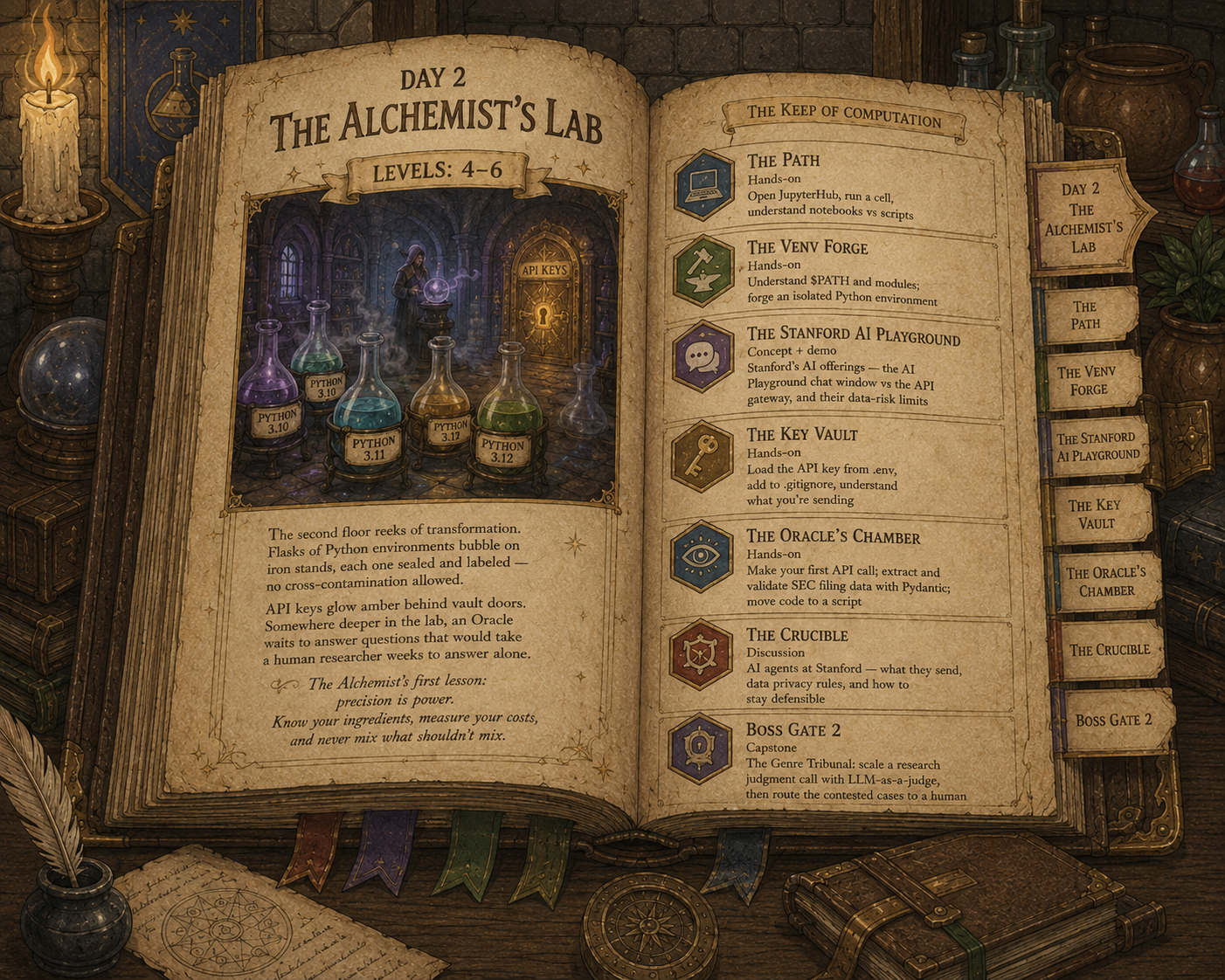 An illustrated grimoire open to the Day 2 spread, The Alchemist's Lab, levels 4 to 6. The left page shows a hooded alchemist in a vaulted lab behind a row of flasks labelled Python 3.10, 3.11, and 3.12, with a glowing API Keys vault door behind them. The right page, headed The Keep of Computation, lists the seven rooms in order with their format and focus: The Path (hands-on, open JupyterHub, run a cell, understand notebooks vs scripts), The Venv Forge (hands-on, understand PATH and modules, forge an isolated Python environment), The Stanford AI Playground (concept and demo, the AI Playground chat window vs the API gateway and their data-risk limits), The Key Vault (hands-on, load the API key from .env, add to .gitignore, understand what you're sending), The Oracle's Chamber (hands-on, make your first API call, extract and validate SEC filing data with Pydantic, move code to a script), The Crucible (discussion, AI agents at Stanford, what they send, data privacy rules, and how to stay defensible), and Boss Gate 2 (capstone, the Genre Tribunal, scale a research judgment call with LLM-as-a-judge then route the contested cases to a human).