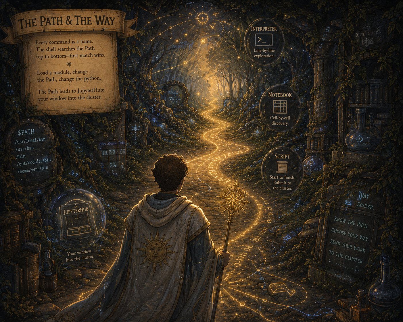 An illustration titled The Path and The Way: a robed figure holding a compass-topped staff stands at the head of a glowing path winding into a dark wood. A signboard reads: every command is a name, the shell searches the Path top to bottom, first match wins; load a module, change the Path, change the python; the Path leads to JupyterHub, your window into the cluster. A stone tablet on the left lists a $PATH — /usr/local/bin, /usr/bin, /bin, /opt/modules/bin, /home/yens/bin — and below it a crystal orb labelled JupyterHub, your window into the cluster. Three medallions along the right name the three ways to run Python: Interpreter, line-by-line exploration; Notebook, cell-by-cell discovery; and Script, start to finish, submit to the cluster. A carved stone at the lower right reads: know the Path, choose your way, send your work to the cluster.