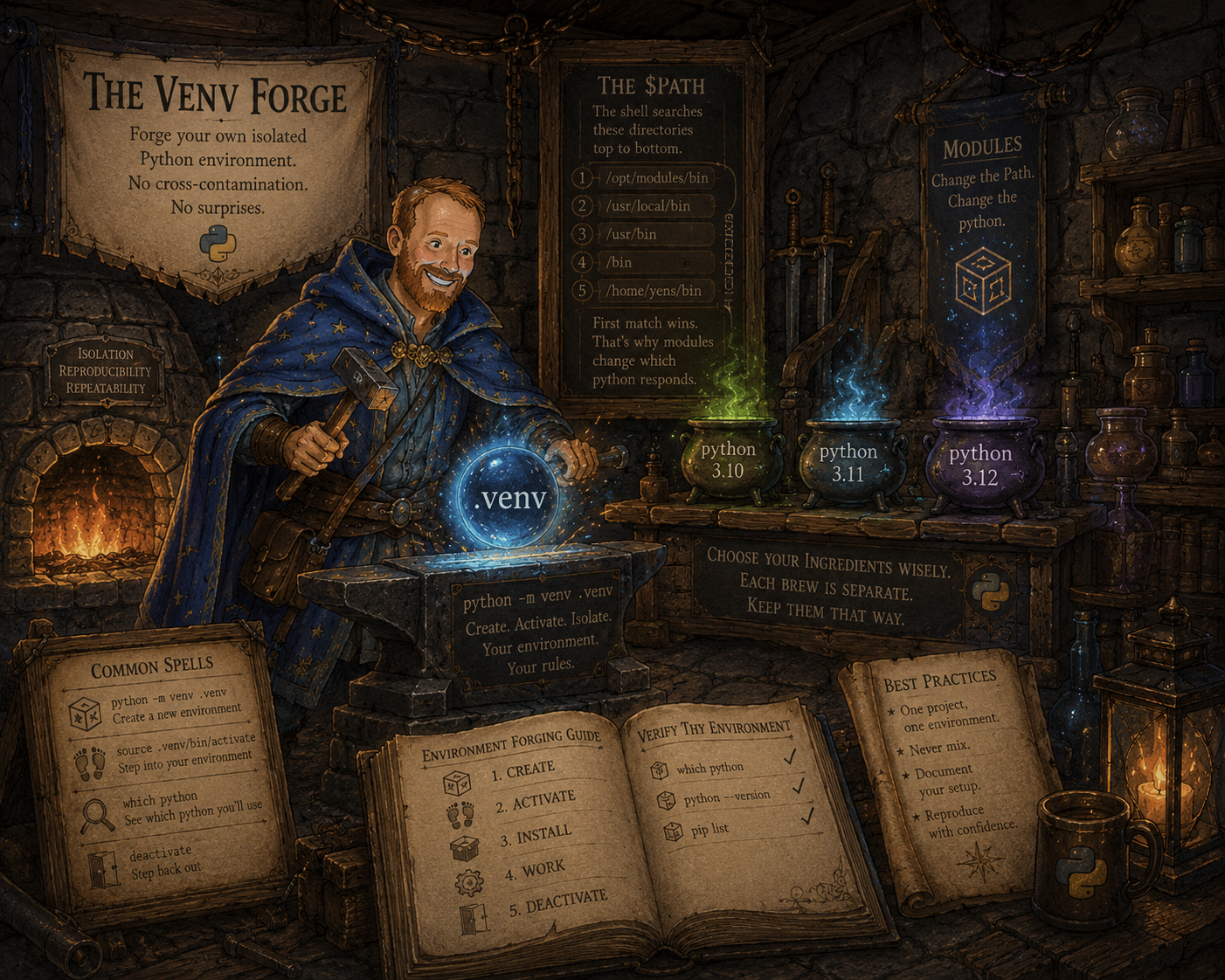 An illustration titled The Venv Forge: a smith in a star-patterned cloak stands at an anvil in a stone workshop, hammer in hand, shaping a glowing blue orb labelled .venv. A banner reads: forge your own isolated Python environment, no cross-contamination, no surprises; a stone by the fire is carved isolation, reproducibility, repeatability. Behind him three cauldrons steam in green, blue, and purple, labelled python 3.10, python 3.11, and python 3.12, under a sign reading: choose your ingredients wisely, each brew is separate, keep them that way. A board headed The $PATH lists five directories the shell searches top to bottom and notes that the first match wins, which is why modules change which python responds. Open books in the foreground give a five-step forging guide — create, activate, install, work, deactivate — a list of common spells (python -m venv .venv to create, source .venv/bin/activate to step in, which python to see which python you'll use, deactivate to step back out), checks for verifying the environment (which python, python --version, pip list), and best practices: one project one environment, never mix, document your setup, reproduce with confidence.
