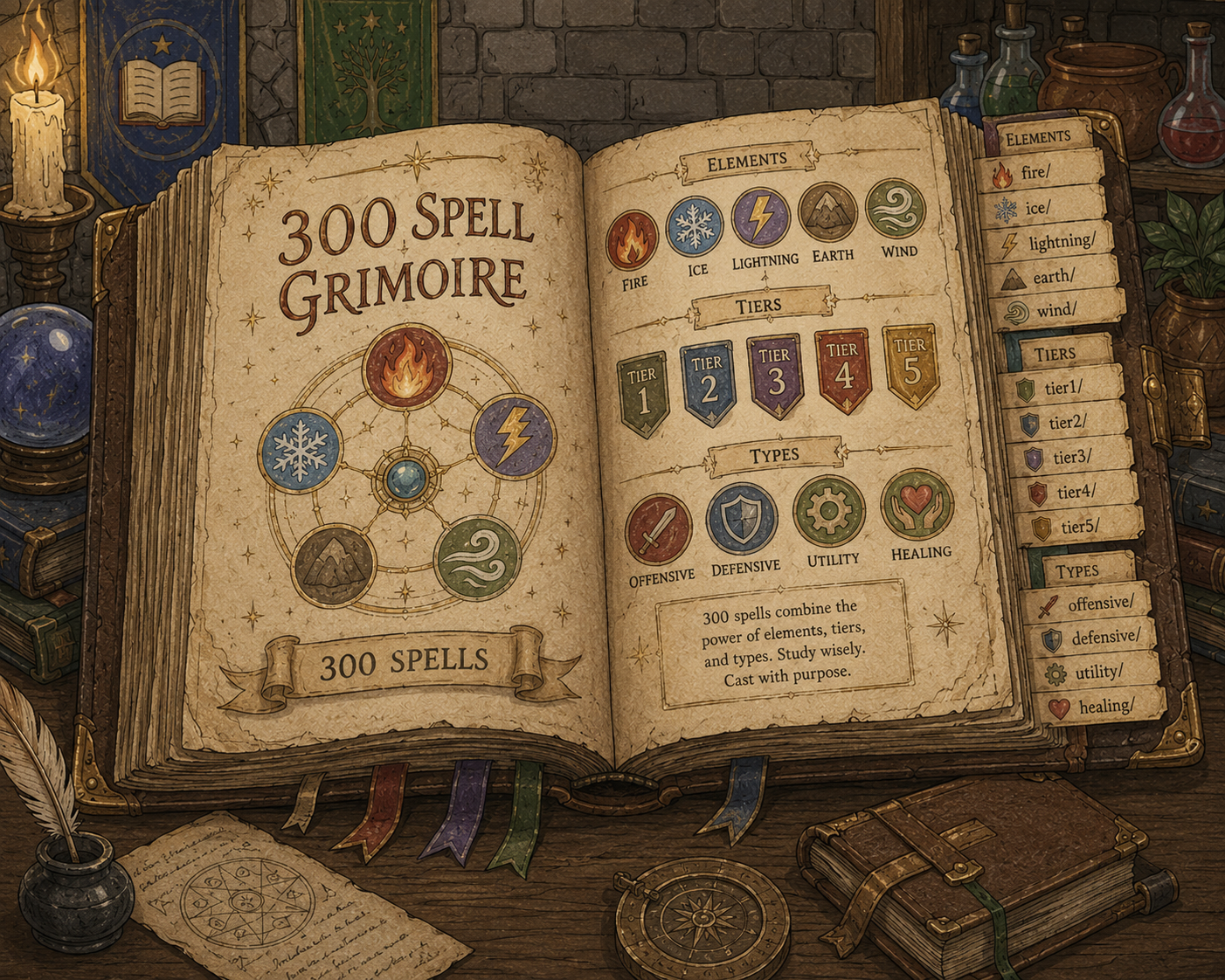An open grimoire titled 300 Spell Grimoire, with index tabs down the side grouping the spells three different ways: by element (fire, ice, lightning, earth, wind), by tier (tier1 through tier5), and by type (offensive, defensive, utility, healing)