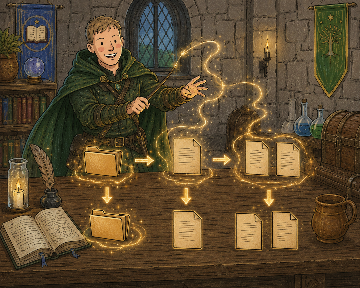 A wizard at a workbench conjuring folders and files with a wand — a folder becomes a file, which becomes two files, each duplicated below