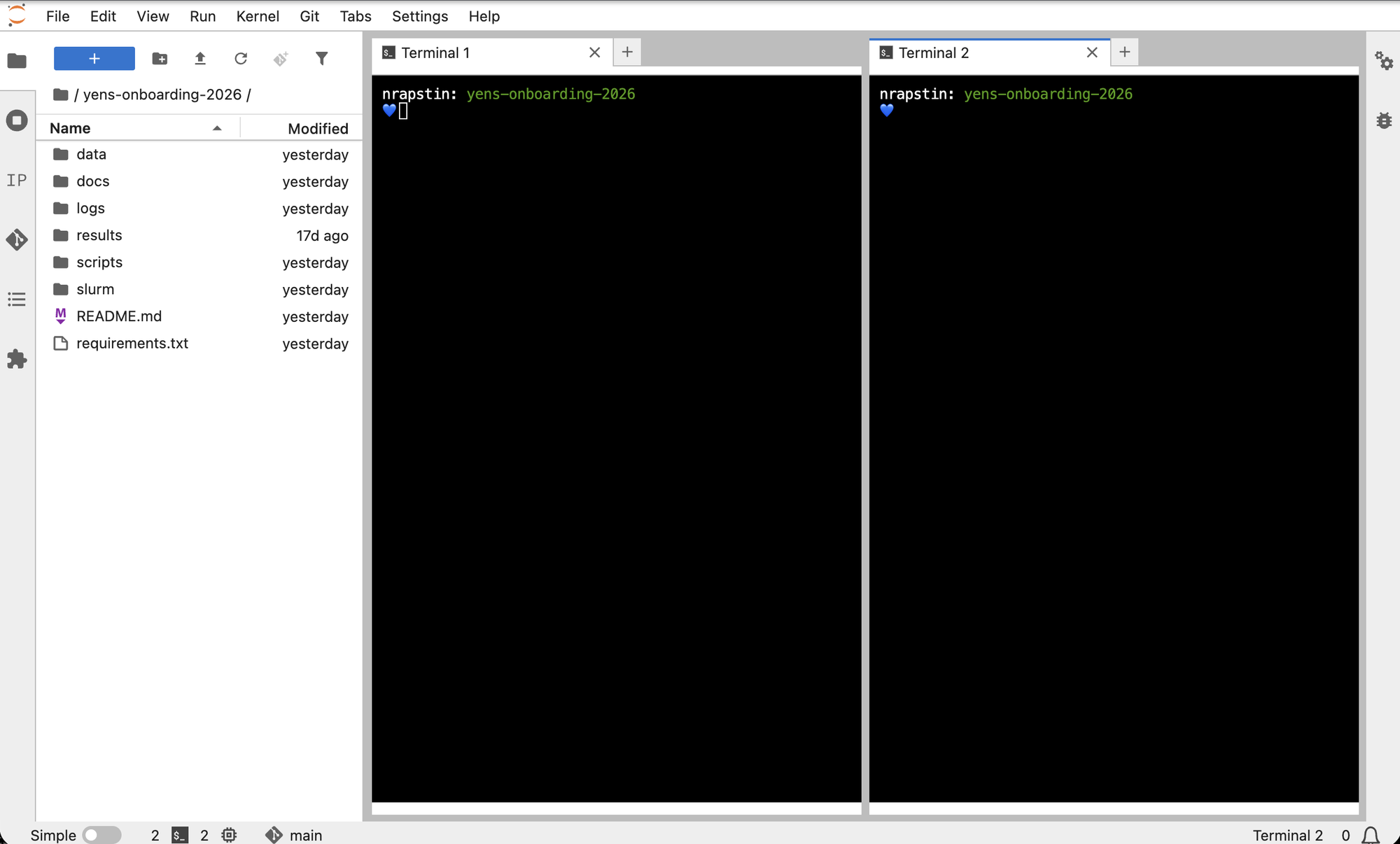 JupyterLab with the file browser on the left and two terminals open side by side, tabbed Terminal 1 and Terminal 2